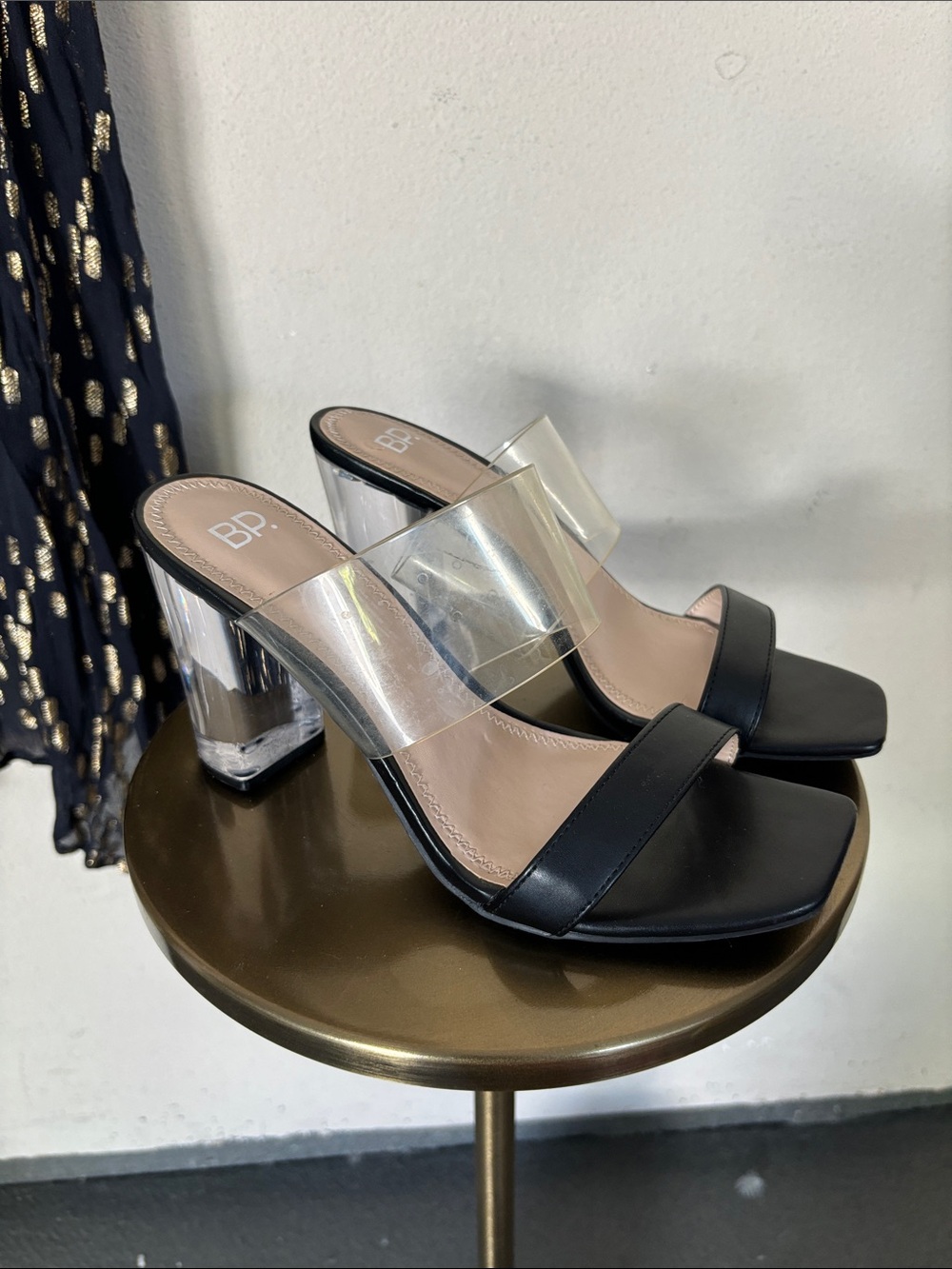 bp Black Block Heel Sandals with Clear Strap